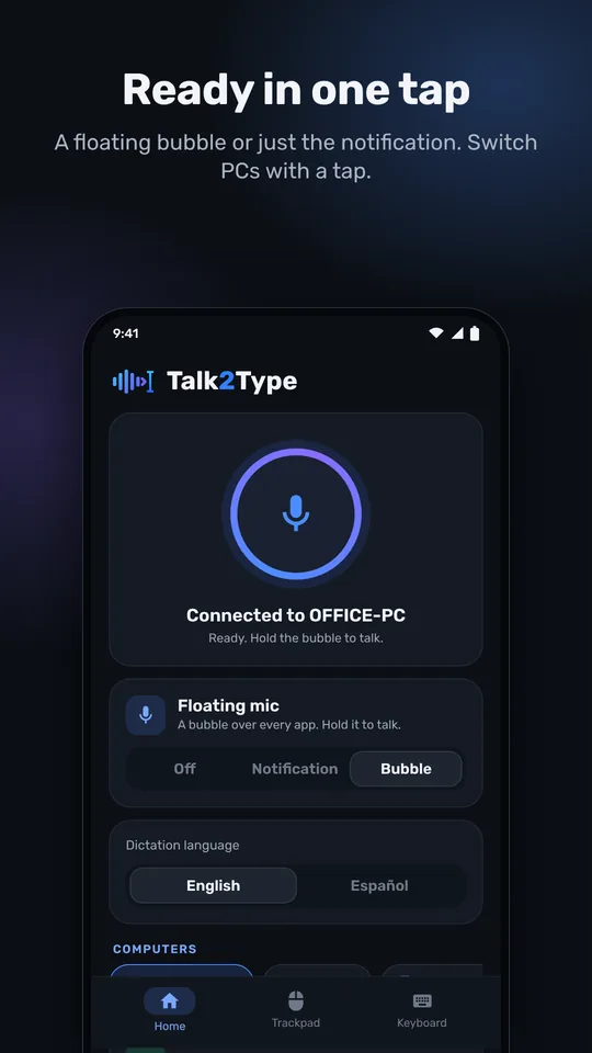 Home screen: connected to the PC